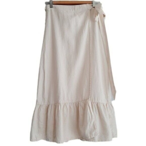 FOREVER 21 Linen Blend Tie Wrap Midi Skirt Ruffle Hem Sz M - Picture 2 of 11